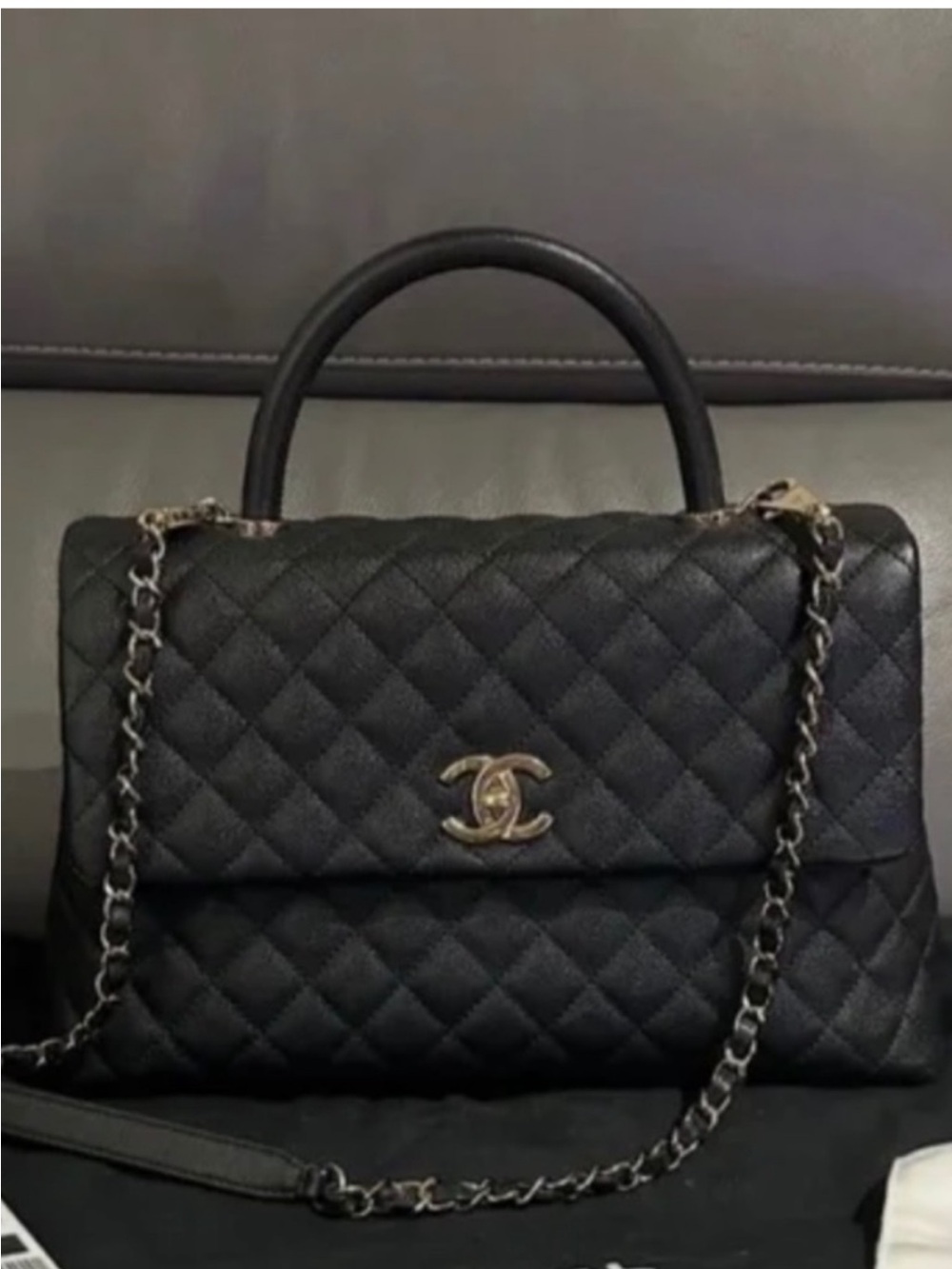CHANEL Black Quilted Top Handle Satchel with Chain Strap